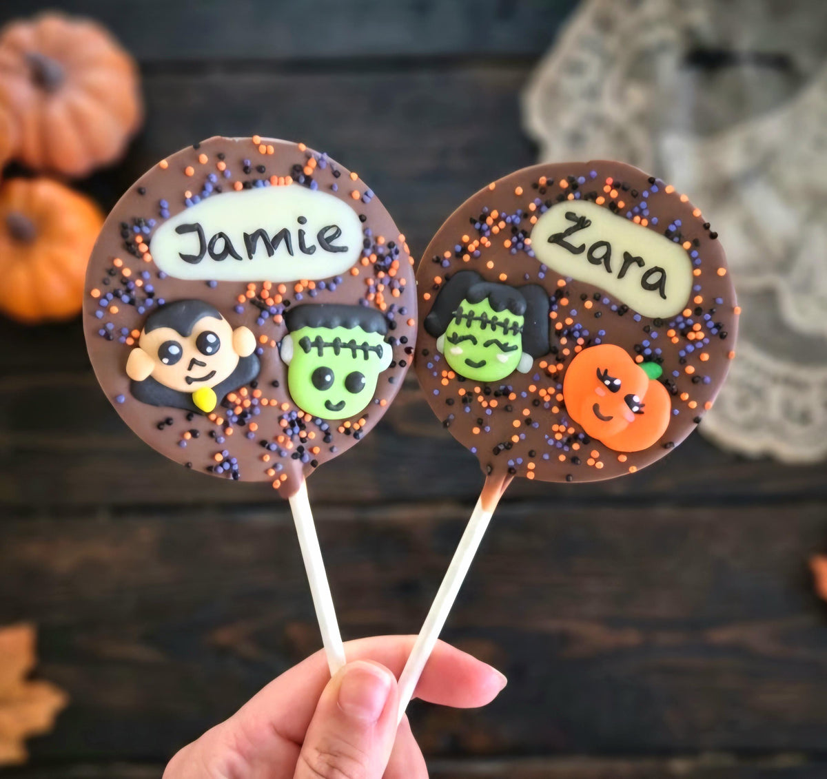 Halloween Personalised Chocolate Lolly with a name, Trick or Treat